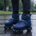 Blue waterproof electric skates on wet pavement