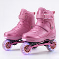 Rose-pink electric skates with rose-gold hubs