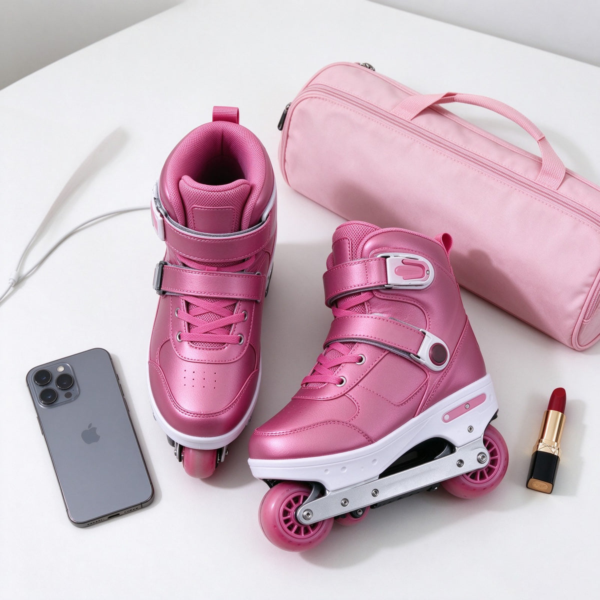 Pink electric skates with a matching carry pouch, phone and make-up