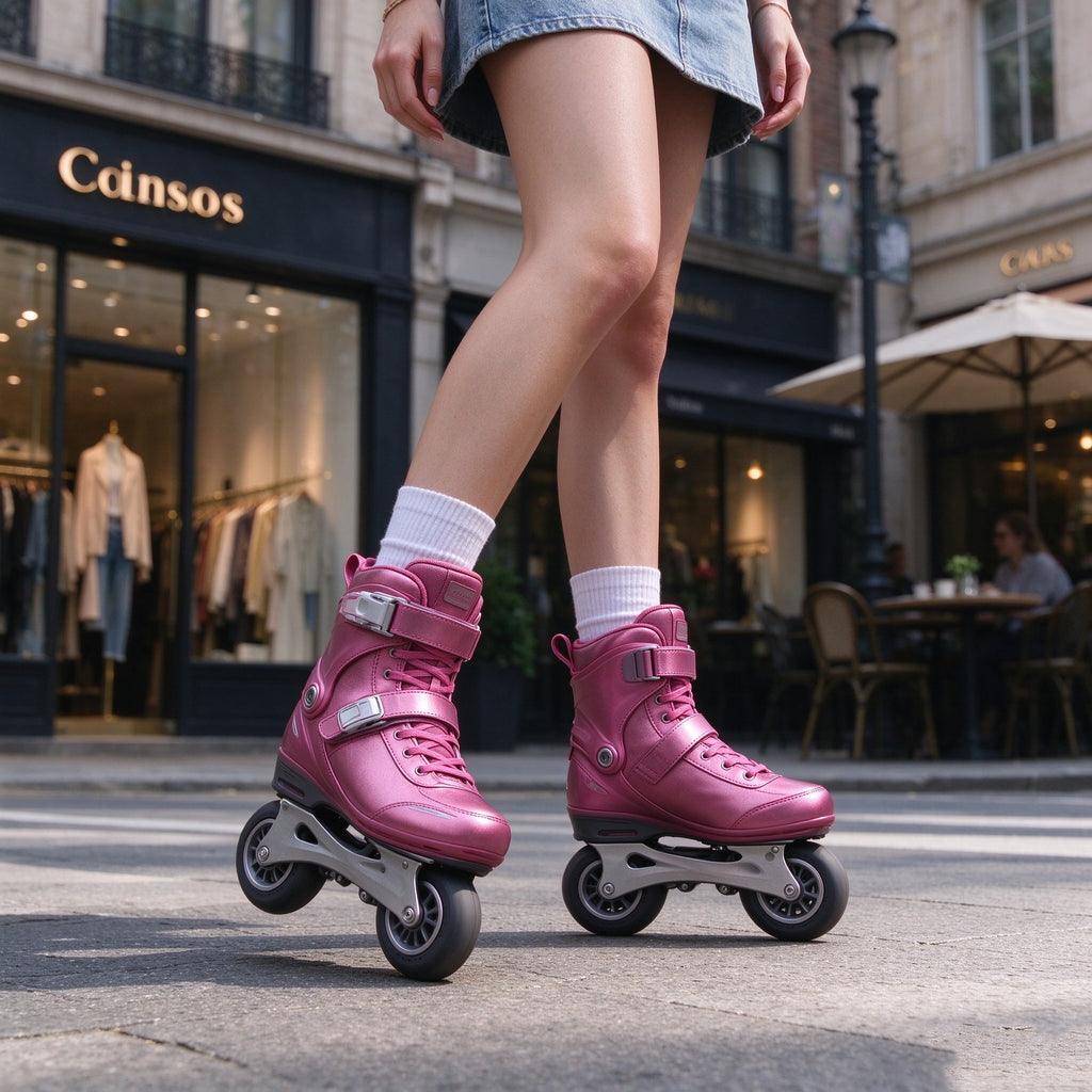 Rose-pink electric skates worn along a city shopping street