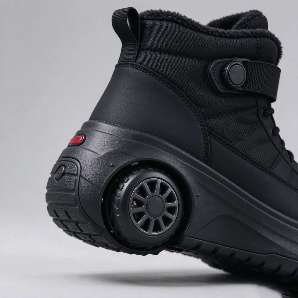 Close-up of the motorised heel wheel on black winter boots