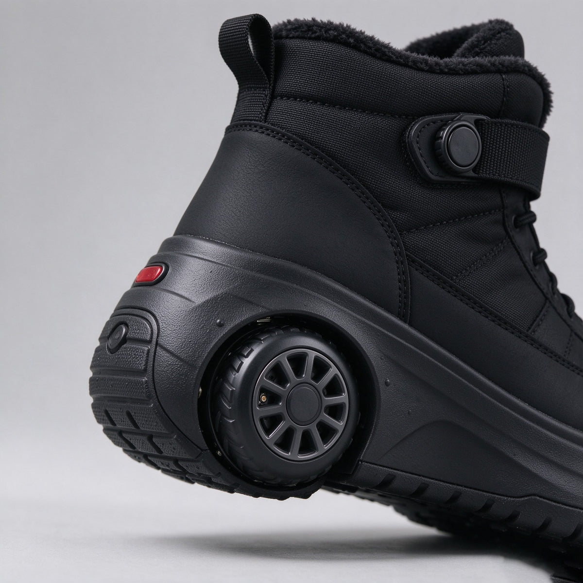 Close-up of the motorised heel wheel on black winter boots