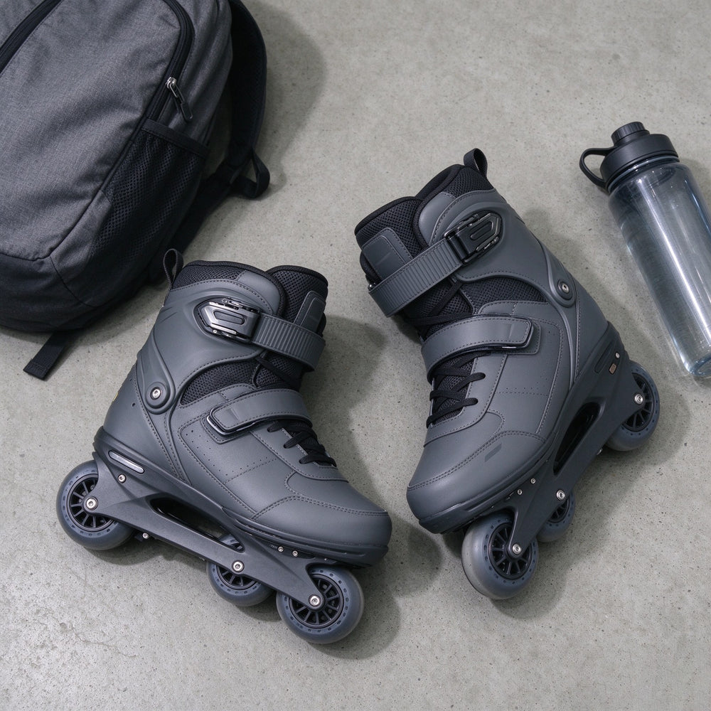 Grey electric skates with a backpack and water bottle