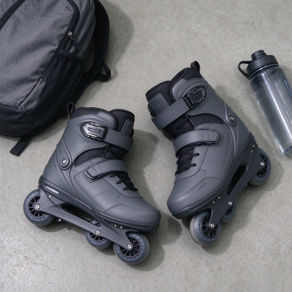 Grey electric skates with a backpack and water bottle