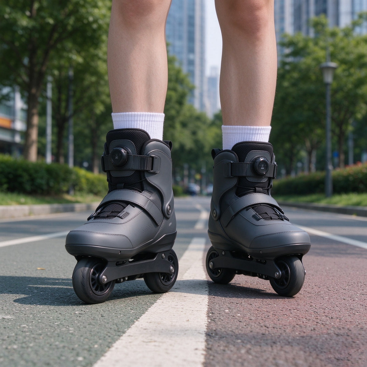 Grey commuter electric skates ridden on an urban road