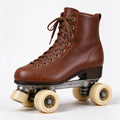 Brown leather quad electric skate boot with cream wheels