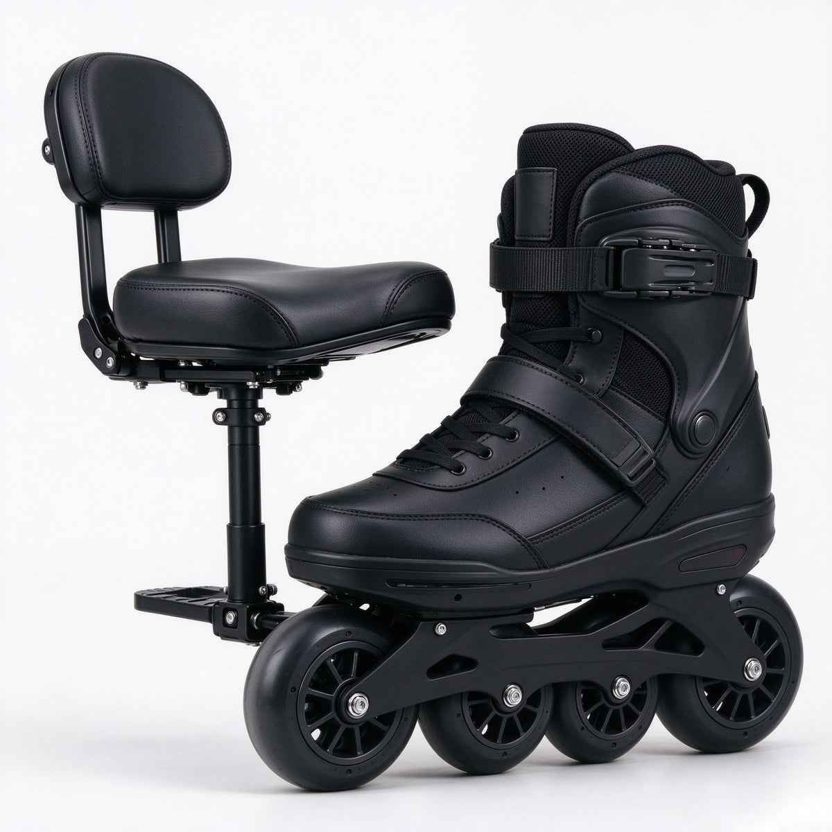 Black electric skates with a fold-down padded seat attached
