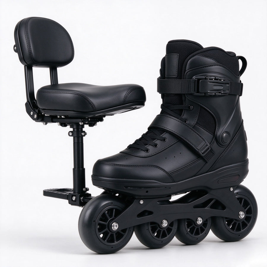 Black electric skates with a fold-down padded seat attached