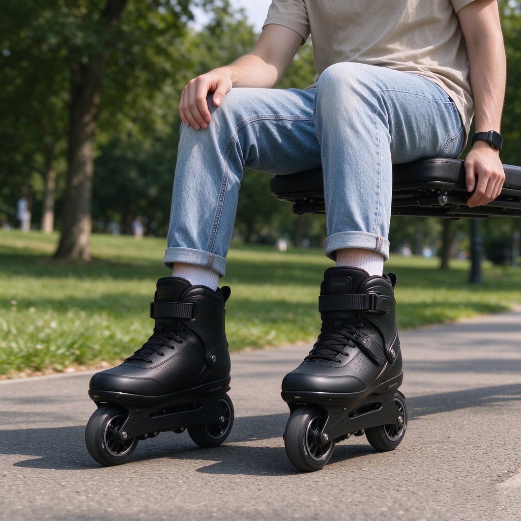 Rider seated on the fold-down seat of black electric skates in a park