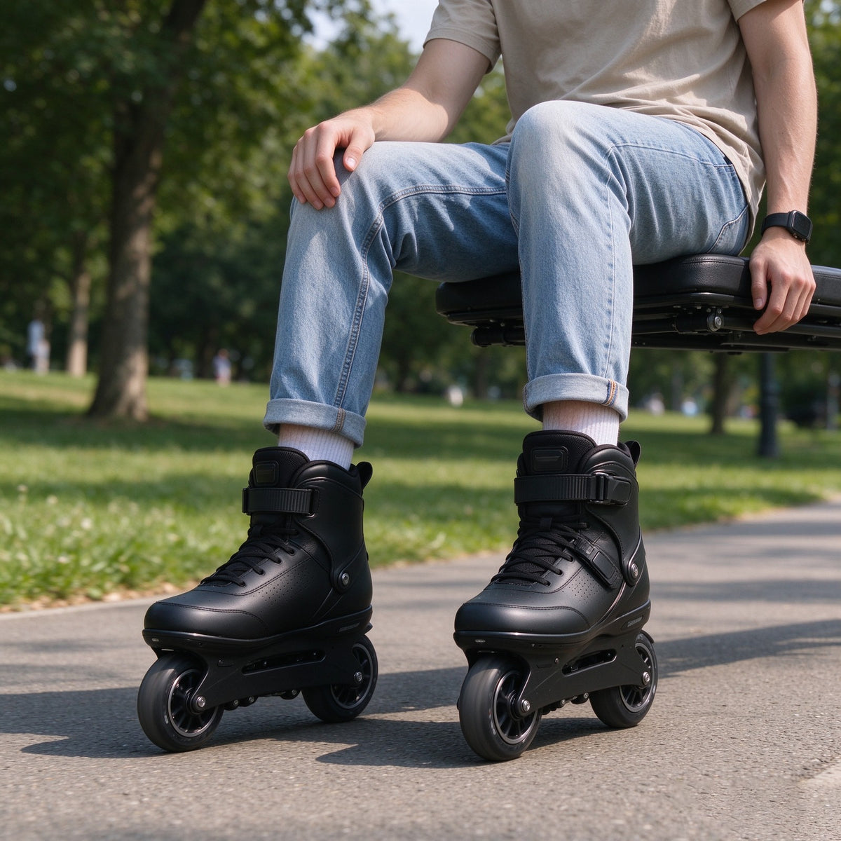 Rider seated on the fold-down seat of black electric skates in a park