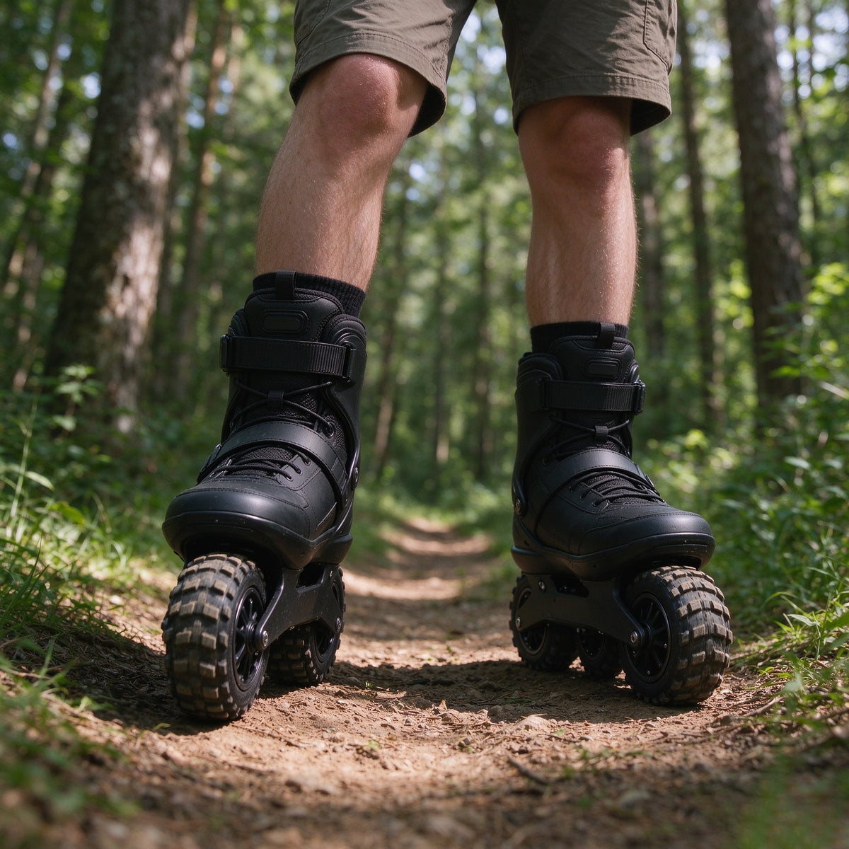 Black all-terrain electric skates worn on a forest trail