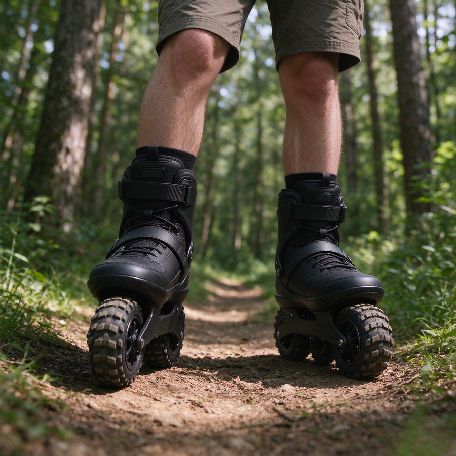 Black all-terrain electric skates worn on a forest trail