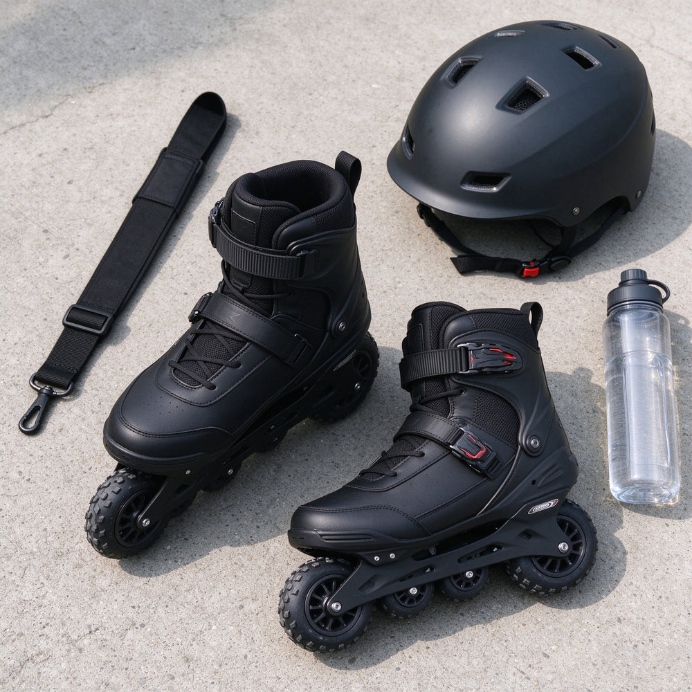 Pair of black off-road electric skates with helmet, carry strap and bottle