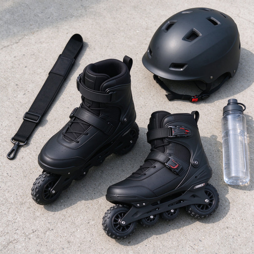 Pair of black off-road electric skates with helmet, carry strap and bottle
