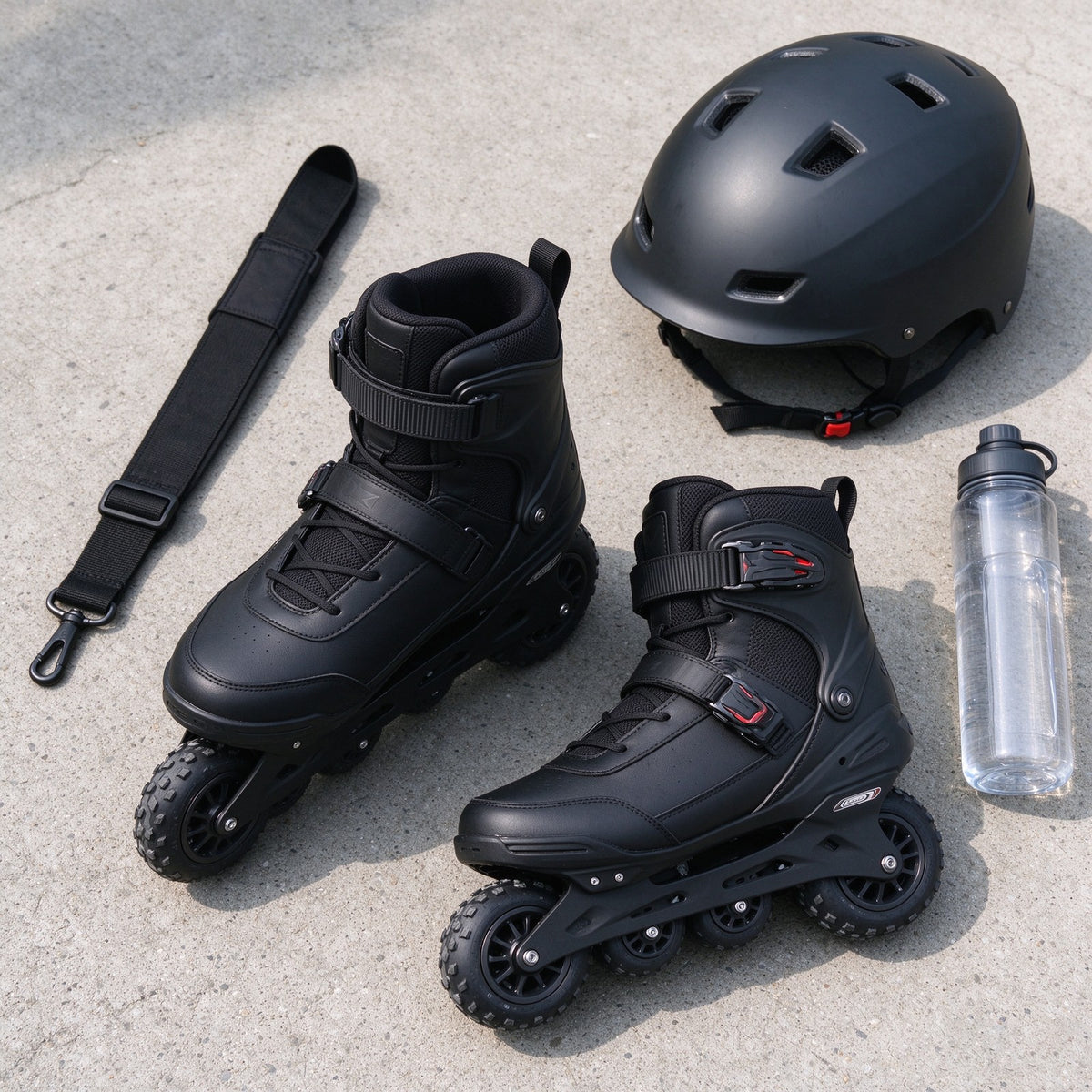 Pair of black off-road electric skates with helmet, carry strap and bottle